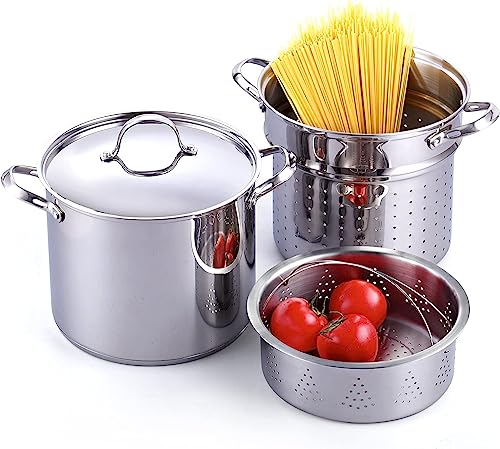 Cooks Standard Pasta Pot 1810 Stainless Steel 12 Quart Spaghetti Cooker Steamer Stock Pot Multipots with Strainer Insert Stainless Steel Lid 4Piece Set