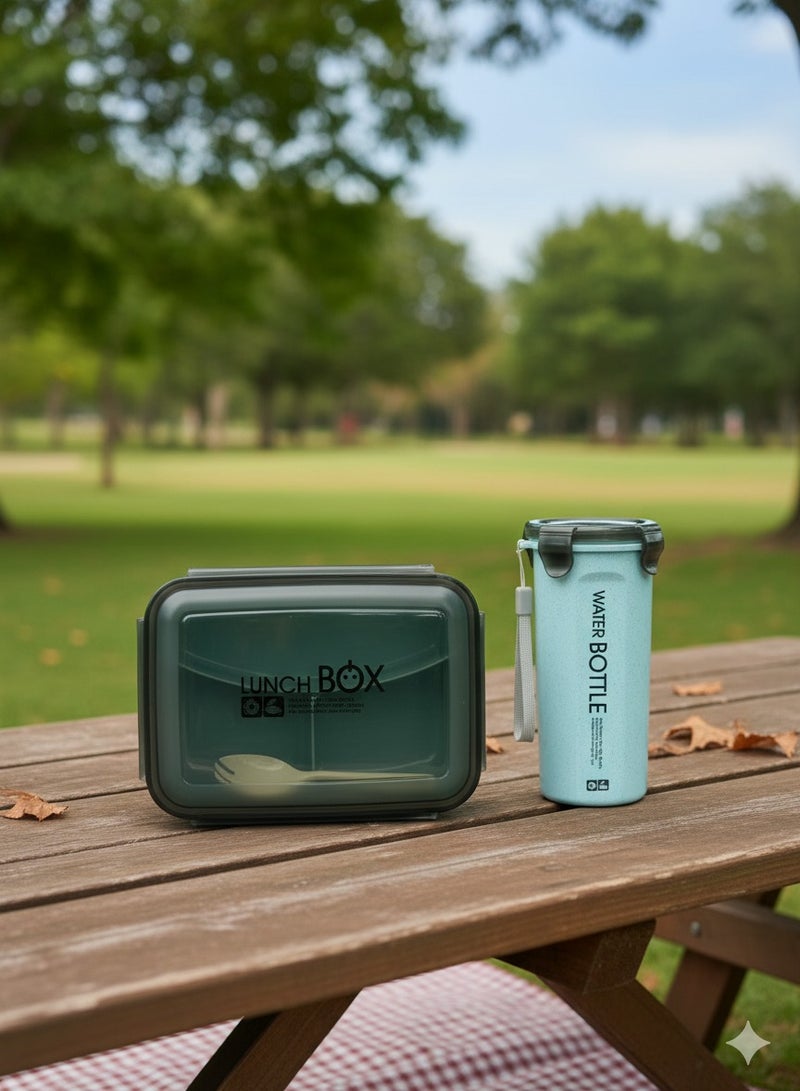 توشيونيكس طقم صندوق غداء سعة 1.2 لتر مع كوب زجاجة ماء سعة 500 مل - صندوق وجبات بينتو بثلاثة أقسام، وملعقة وكوب - آمن للاستخدام في الفريزر، مانع للتسرب ومحكم الإغلاق مع ثلاثة أقسام، خالٍ من مادة BPA، خفيف الوزن، متين وقابل لإعادة التدوير، مناسب للكبار والصغار - للمنزل، المكتب، المدرسة، الحضانة، السفر - 19×13×5 سم - Image 1