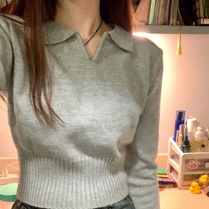 2023 Autumn and Winter New Womens Gentle Style Soft Waxy Milk Style Small Base Grey Knitted Sweater Inner Top Light gray - Image 1