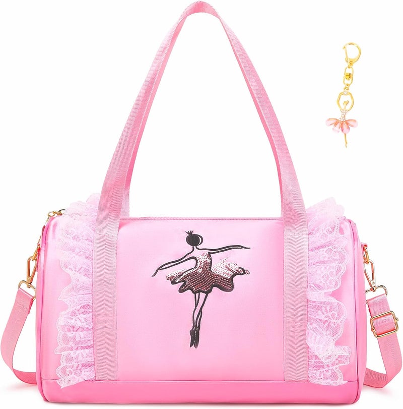 Dorlubel Store Cute Ballet Dance Bag Gym Travel Duffle Bag for Girls Tutu Dress Bag with Key Chain for Girls (Pink2 of Short Mesh) - Image 1