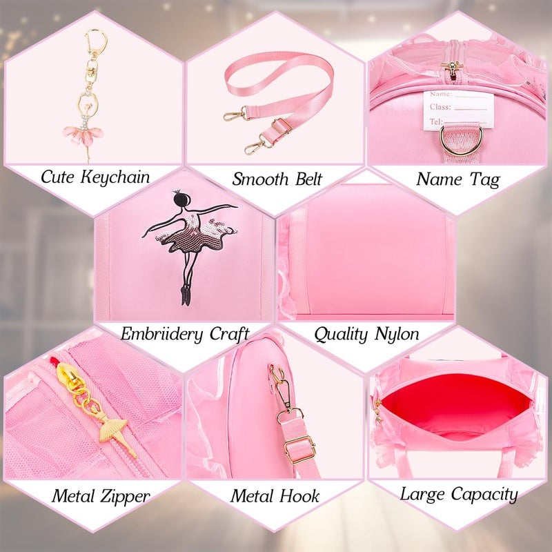 Dorlubel Store Cute Ballet Dance Bag Gym Travel Duffle Bag for Girls Tutu Dress Bag with Key Chain for Girls (Pink2 of Short Mesh) - Image 4