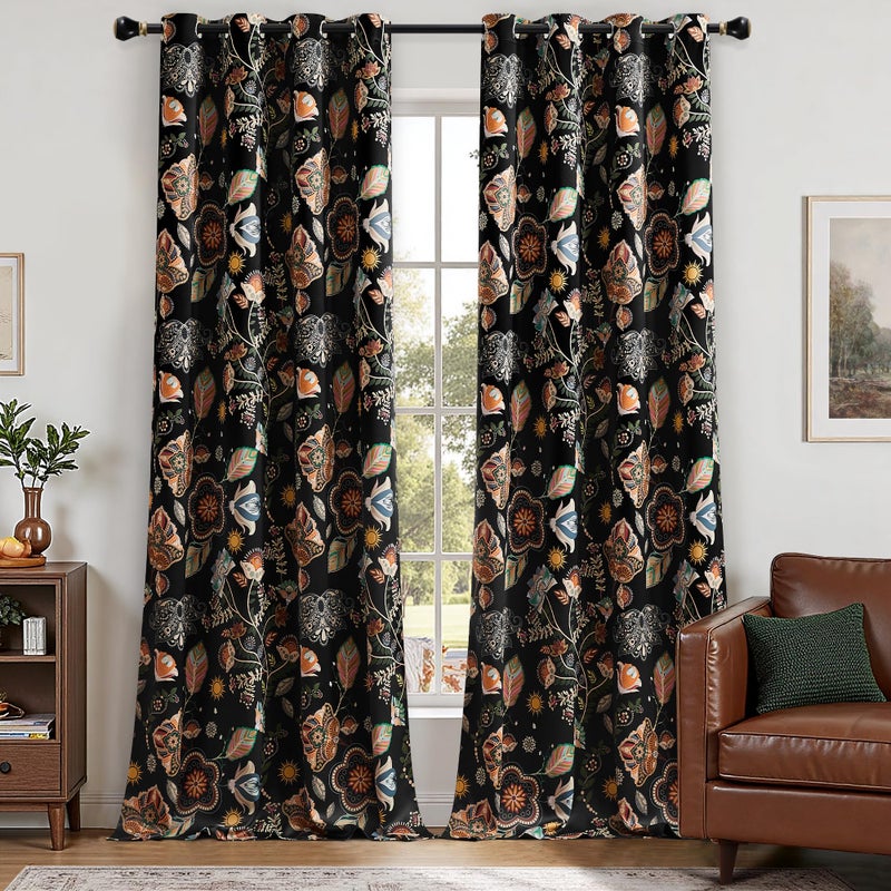 XiDi Black Dark Floral Curtains 84 Inches Long 2 Panels 100% Blackout Patterned Curtains Decorative Thermal Insulated Luxury Vintage Flower Botanical Printed Drapes Grommet for Living Room Bedroom - Image 1