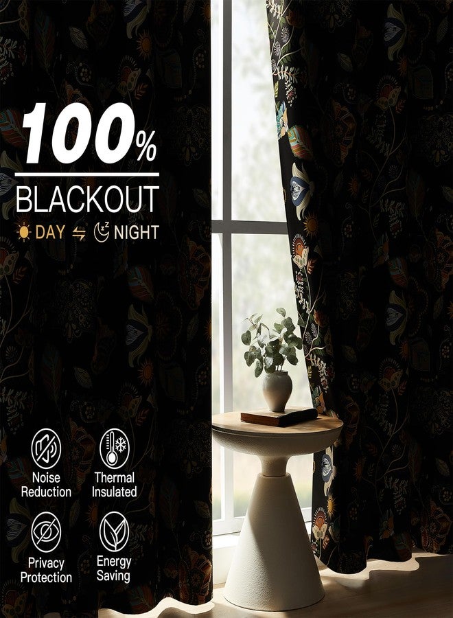 XiDi Black Dark Floral Curtains 84 Inches Long 2 Panels 100% Blackout Patterned Curtains Decorative Thermal Insulated Luxury Vintage Flower Botanical Printed Drapes Grommet for Living Room Bedroom - Image 3