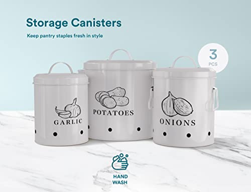 KooK Potato, Onion & Garlic Kitchen Storage Canisters, Rustic Farmhouse Containers with Aerating Holes, Vintage Vegetable Tins, Set of 3, 5 Liter, 2 Liter & 1 Liter (Slate Grey) - Image 4