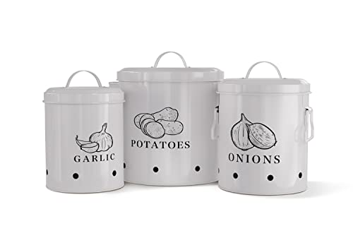 KooK Potato, Onion & Garlic Kitchen Storage Canisters, Rustic Farmhouse Containers with Aerating Holes, Vintage Vegetable Tins, Set of 3, 5 Liter, 2 Liter & 1 Liter (Slate Grey) - Image 1