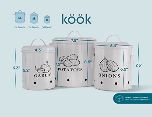 KooK Potato, Onion & Garlic Kitchen Storage Canisters, Rustic Farmhouse Containers with Aerating Holes, Vintage Vegetable Tins, Set of 3, 5 Liter, 2 Liter & 1 Liter (Slate Grey) - Image 5