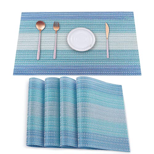 HeloHo Placemats Set of 4 Vinyl Table Place Mats Stain Resistant Foldable Placemats Washable Wipeable Placemat for Kitchen Dining Table Decoration Indoor Outdoor(Blue)