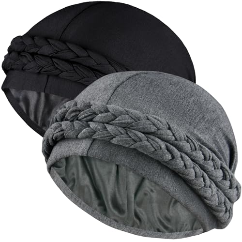 Ababalaya 2PCS Silky Satin Lined Turban for Women Mens Halo Turban PRE-Tied Beanie Hats Silky Lined Durag Sleeping Bonnet Sleep Cap, Black&Grey - Image 1