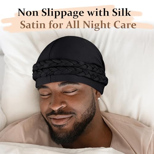 Ababalaya 2PCS Silky Satin Lined Turban for Women Mens Halo Turban PRE-Tied Beanie Hats Silky Lined Durag Sleeping Bonnet Sleep Cap, Black&Grey - Image 5