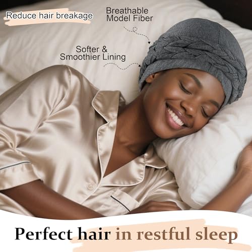Ababalaya 2PCS Silky Satin Lined Turban for Women Mens Halo Turban PRE-Tied Beanie Hats Silky Lined Durag Sleeping Bonnet Sleep Cap, Black&Grey - Image 4