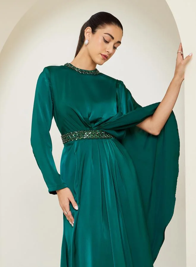 Styli Teal Embellished Ruffled Cape Detail Maxi Dress