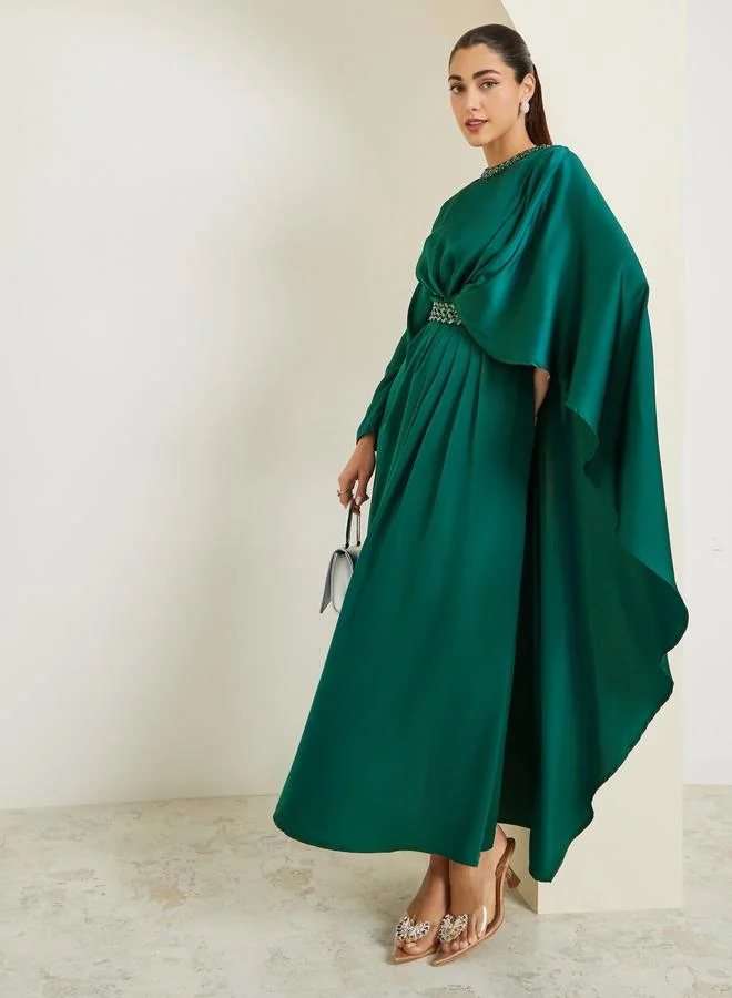 Styli Teal Embellished Ruffled Cape Detail Maxi Dress
