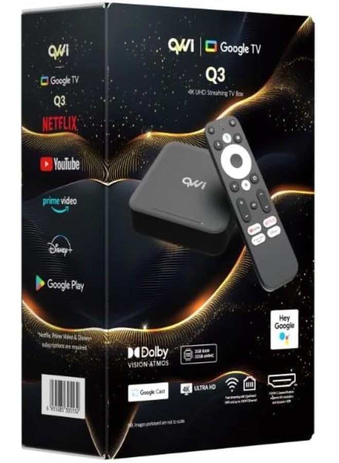 QVWi Q3 4K UHD Google TV Streaming Box, 32GB Storage, Voice Remote with Google Assistant, Dolby Audio, Google Cast Built-In, Wi-Fi, Bluetooth, HDR Support - Image 1