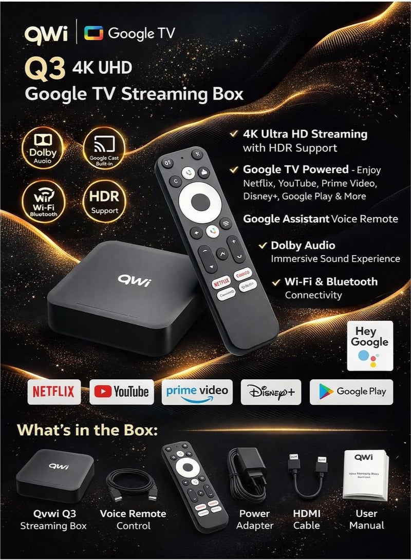 QVWi Q3 4K UHD Google TV Streaming Box, 32GB Storage, Voice Remote with Google Assistant, Dolby Audio, Google Cast Built-In, Wi-Fi, Bluetooth, HDR Support - Image 2