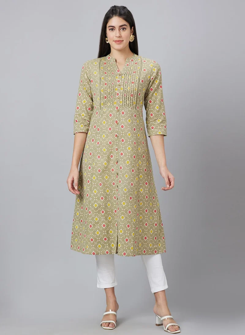Globus  Globus Women Band Collar Panelled Ethnic Motifs Printed A-Line Kurta for Women | Best Price UAE