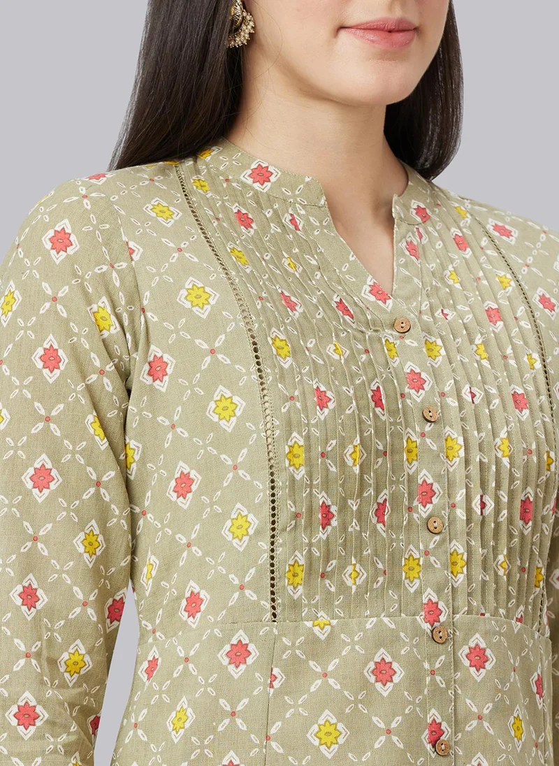 Globus  Globus Women Band Collar Panelled Ethnic Motifs Printed A-Line Kurta for Women | Best Price UAE