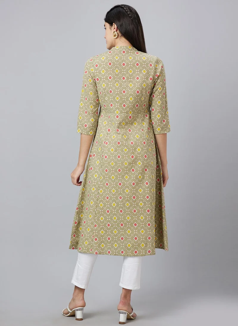 Globus  Globus Women Band Collar Panelled Ethnic Motifs Printed A-Line Kurta for Women | Best Price UAE