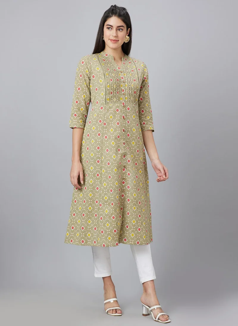 Globus  Globus Women Band Collar Panelled Ethnic Motifs Printed A-Line Kurta for Women | Best Price UAE