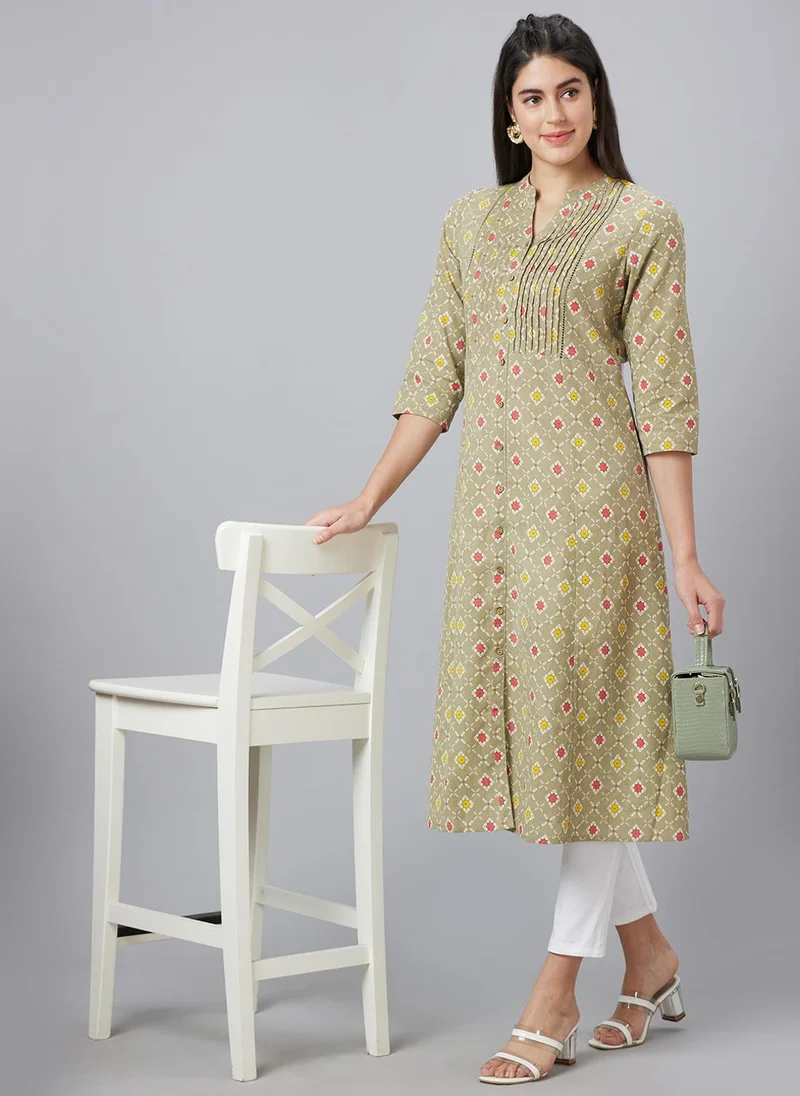 Globus Women Band Collar Panelled Ethnic Motifs Printed A-Line Kurta