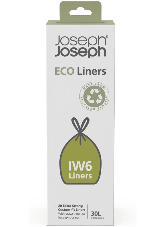 Joseph Joseph Joseph Joseph IW6 Eco Recycled Plastic Bin Liners, Kitchen Waste Bags With Tie Tape Drawstring Handles, Extra Strong – Pack of 20, Holds 30 Litres, Grey  - Image 1