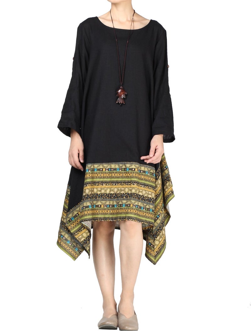 Minibee Women's Ethnic Cotton Linen Long Sleeves Irregular Dress (2XL, Z-Long Sleeve-Black) - Image 2