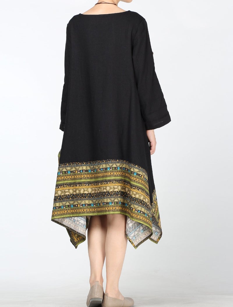 Minibee Women's Ethnic Cotton Linen Long Sleeves Irregular Dress (2XL, Z-Long Sleeve-Black) - Image 3