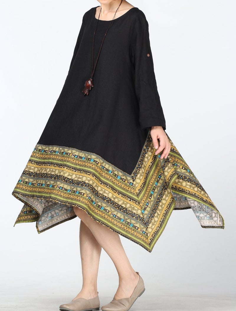 Minibee Women's Ethnic Cotton Linen Long Sleeves Irregular Dress (2XL, Z-Long Sleeve-Black) - Image 5