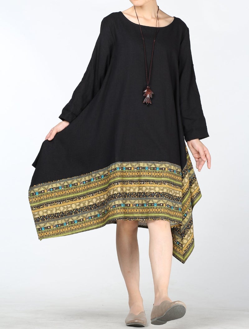 Minibee Women's Ethnic Cotton Linen Long Sleeves Irregular Dress (2XL, Z-Long Sleeve-Black) - Image 4