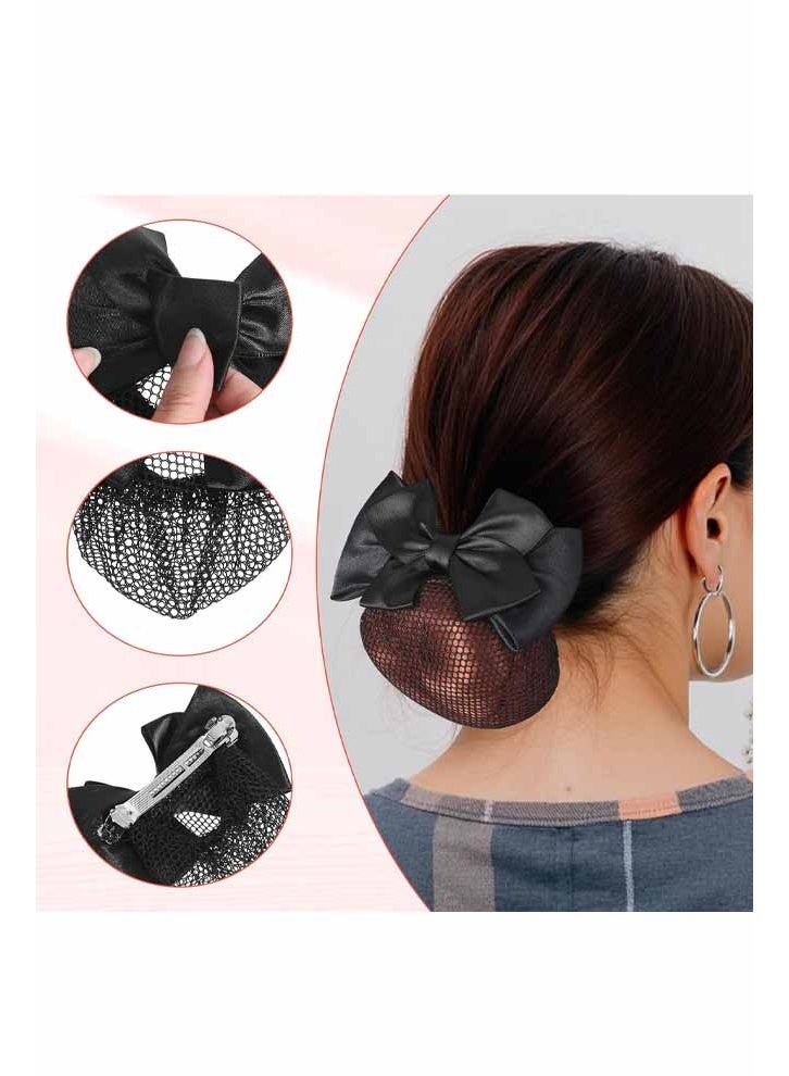 2 Pcs Hair Snood Net, Women's Bun Cover Hairnet Satin Bow Barrette French Clips Ribbon Flower Hair Accessories for Women Stewardess Banks Hotels Restaurant Staff (Black) - Image 2