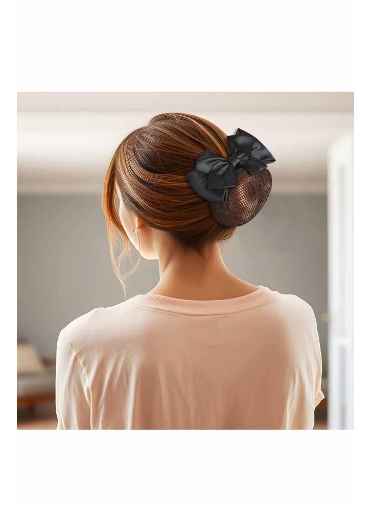 2 Pcs Hair Snood Net, Women's Bun Cover Hairnet Satin Bow Barrette French Clips Ribbon Flower Hair Accessories for Women Stewardess Banks Hotels Restaurant Staff (Black) - Image 4