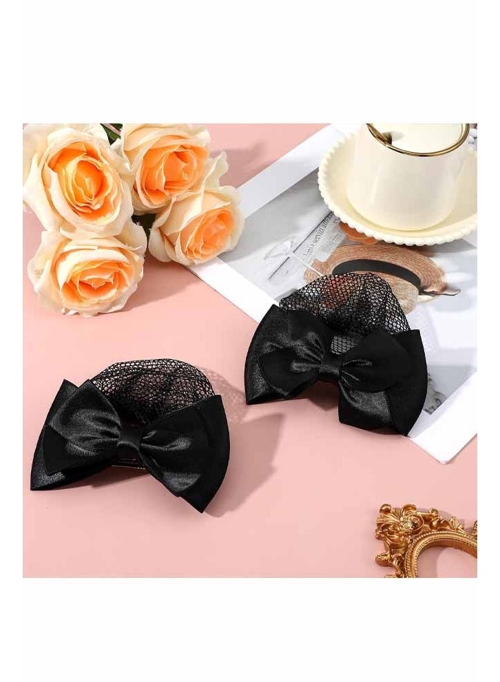 2 Pcs Hair Snood Net, Women's Bun Cover Hairnet Satin Bow Barrette French Clips Ribbon Flower Hair Accessories for Women Stewardess Banks Hotels Restaurant Staff (Black) - Image 3