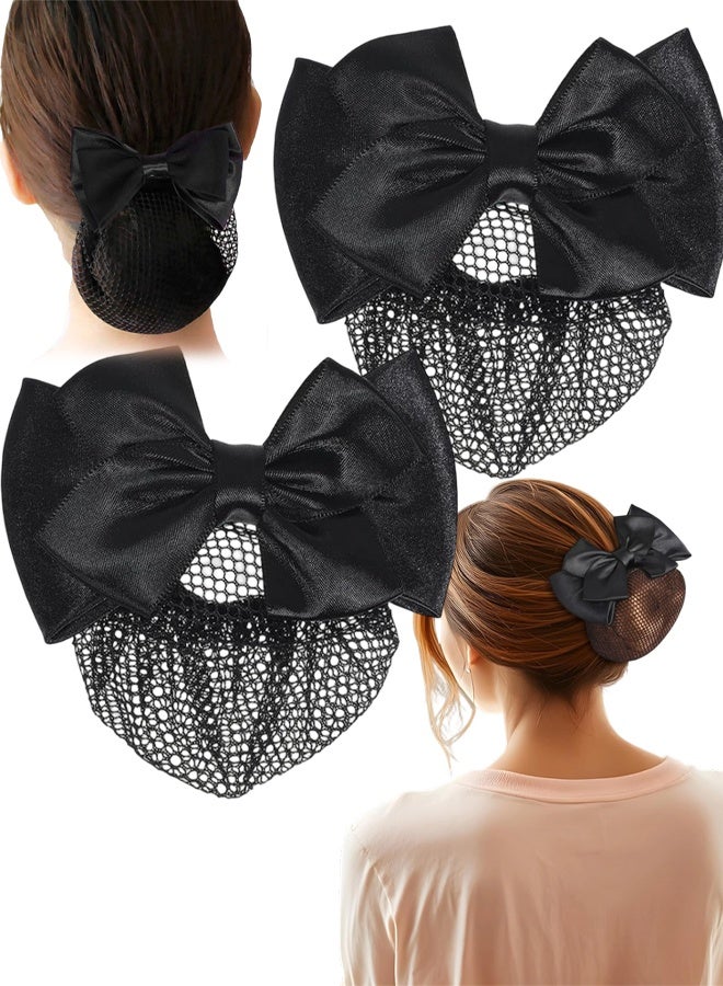 2 Pcs Hair Snood Net, Women's Bun Cover Hairnet Satin Bow Barrette French Clips Ribbon Flower Hair Accessories for Women Stewardess Banks Hotels Restaurant Staff (Black) - Image 1