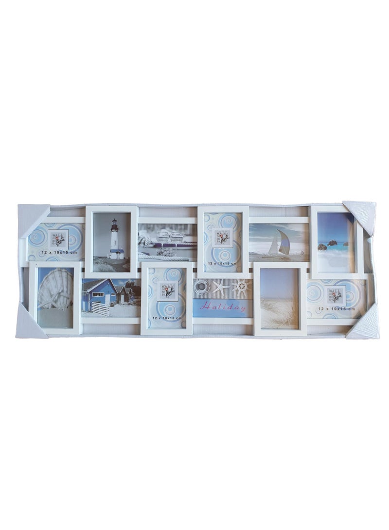 Family photo frame, 12 photos, 3D, white, made of plastic and glass, in an overlapping photo design, measuring 84 x 32 cm.