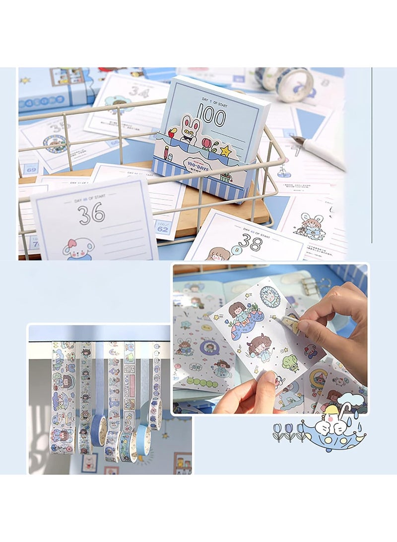 general Cartoon memo set, washi tape stickers, ruler, bookmark, 21 day habit, memo, notes, writing pad scrapbook with 7 rolls of masking tape for planning, 100 day countdown - Image 3