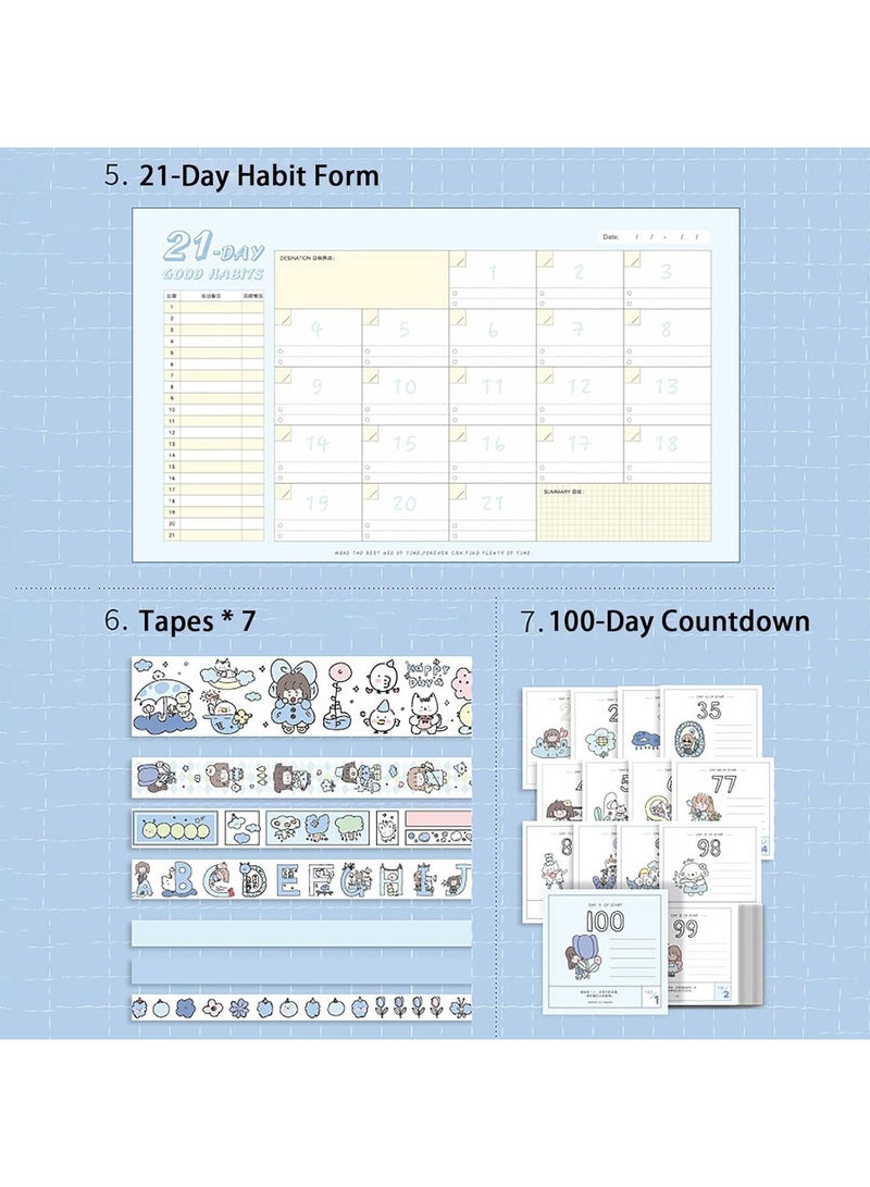 general Cartoon memo set, washi tape stickers, ruler, bookmark, 21 day habit, memo, notes, writing pad scrapbook with 7 rolls of masking tape for planning, 100 day countdown - Image 5