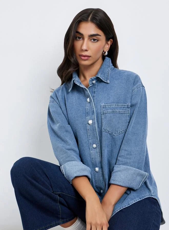 Styli Blue Longline Denim Shirt