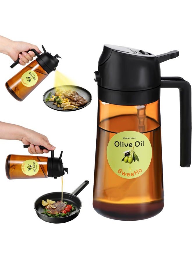 SweeHo Oil Sprayer for Cooking,470ml Cooking Olive Oil Sprayer and Oil Dispenser 2 In 1, Food-grade Glass Oil Spray Bottle Mister for Air Fryer, BBQ, Griddle (Black+dark brown glass and color label) - Image 1