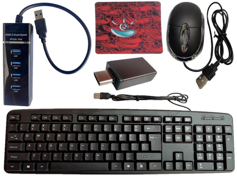 Anjo 5 in 1 Combo of Wired Keyboard, Wired Mouse, Anti-Skid Mouse Pad, 4 Ports USB Hub 3.0 Type A & OTG C to A Type - Image 1
