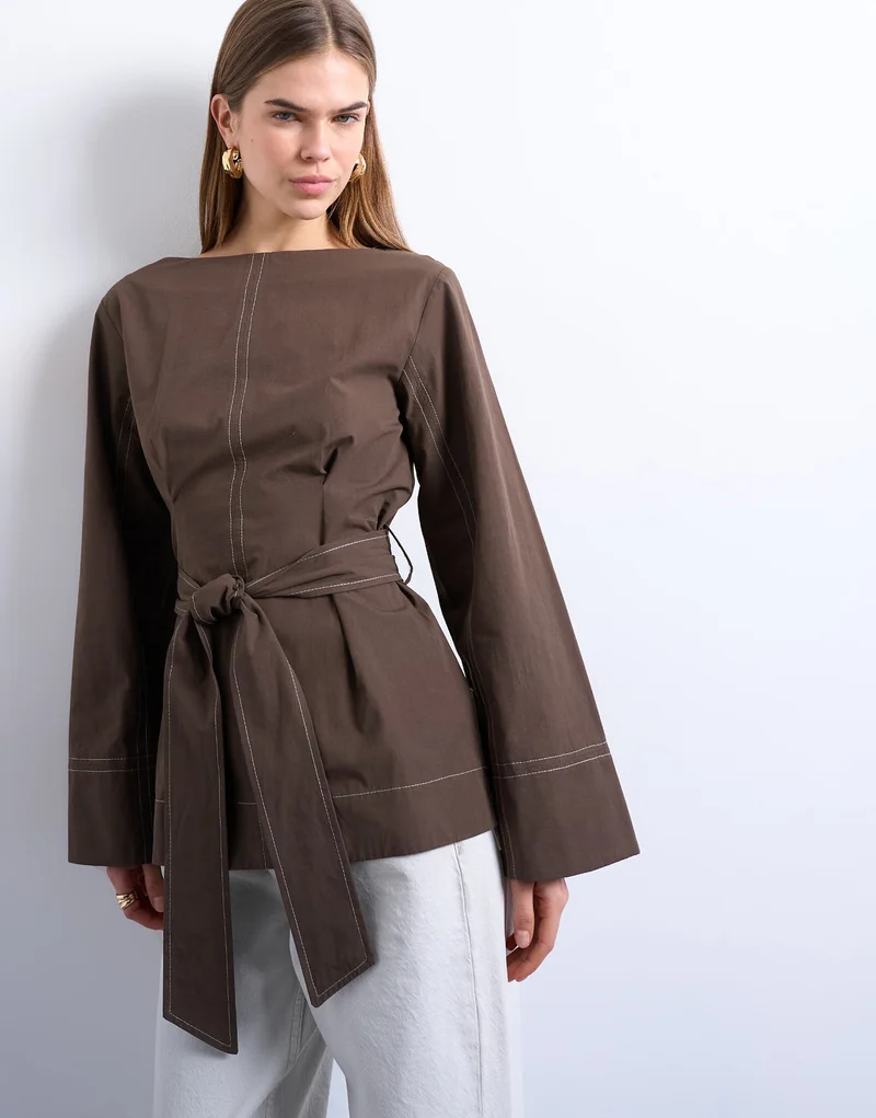 TOPSHOP TIE WAIST TOP with CLOSED NECKLINE