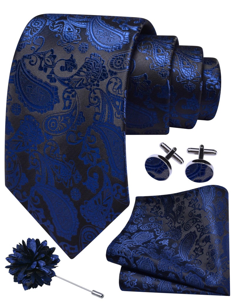 GUSLESON Navy Blue Mens Paisley Wedding Necktie Pocket Square Cufflinks and Lapel Pin Brooch Set (IN6105-29) - Image 1