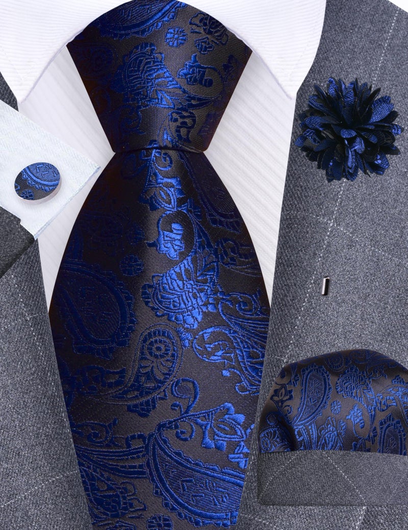 GUSLESON Navy Blue Mens Paisley Wedding Necktie Pocket Square Cufflinks and Lapel Pin Brooch Set (IN6105-29) - Image 2