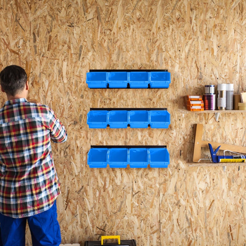 Ultrawall Wall Mounted Storage Bins, Plastic Hanging Storage Organizer Bins, Garage Tool Storage System for Screws, Nuts, Bolts, Nails, and Small Hardware Parts, 12x bins & 3 x rails, Blue - Image 5