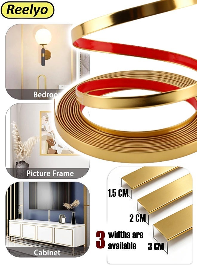 Reelyo Gold Wall Decorative Strips, Wall Art Tape Trim Molding, 3M Peel and Stick Mirror Finish Stainless Steel Decorative Trim Strip, Flexible Waterproof Self-Adhesive Gold Wall Molding Border, Thick Metal Wall Art Line for Ceiling, Floor, Cabinet, Tile Edge, Furniture & DIY Craft Decoration, Multiple Width Options - Image 1