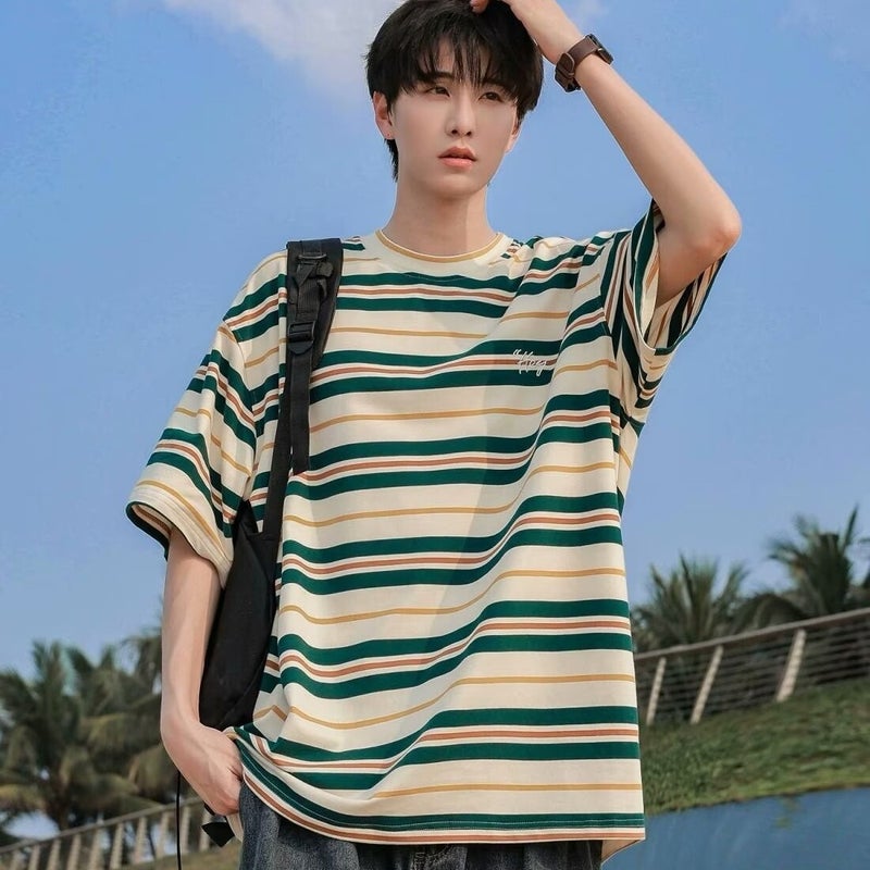Vintage Japanese-style Hong Kong-style Couples Striped Short-sleeved T-shirt Summer Round Neck Casual T-shirt Men's Contrast Color Trendy Brand All-match - Image 2