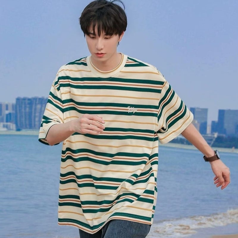 Vintage Japanese-style Hong Kong-style Couples Striped Short-sleeved T-shirt Summer Round Neck Casual T-shirt Men's Contrast Color Trendy Brand All-match - Image 3