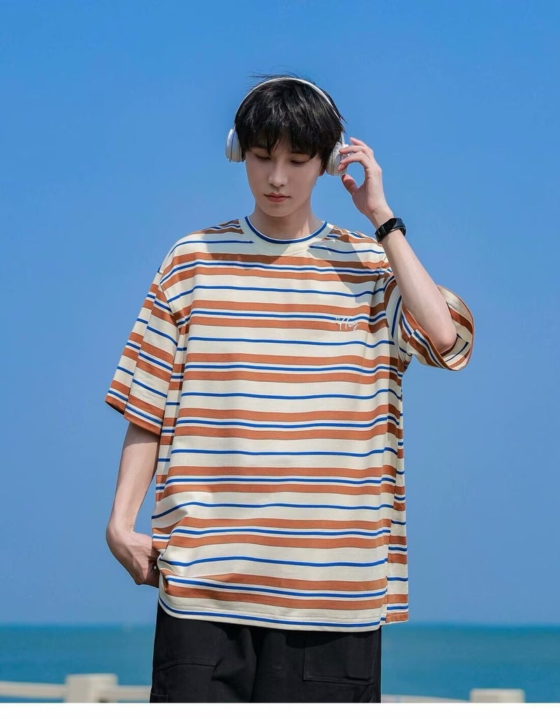 Vintage Japanese-style Hong Kong-style Couples Striped Short-sleeved T-shirt Summer Round Neck Casual T-shirt Men's Contrast Color Trendy Brand All-match - Image 1