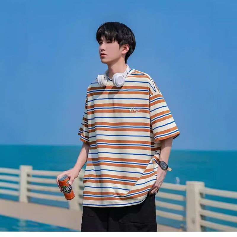 Vintage Japanese-style Hong Kong-style Couples Striped Short-sleeved T-shirt Summer Round Neck Casual T-shirt Men's Contrast Color Trendy Brand All-match - Image 5