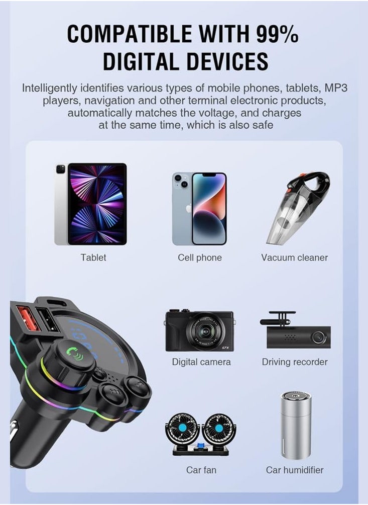 Excefore - Bluetooth 5.3 FM Transmitter for Car, QC3.0 & PD20W Adapter, MP3 Player, Supports TF Card & USB Disk, Wireless Receiver, Hands-Free Calling, LED Display, Car Bluetooth Adapter - Image 1