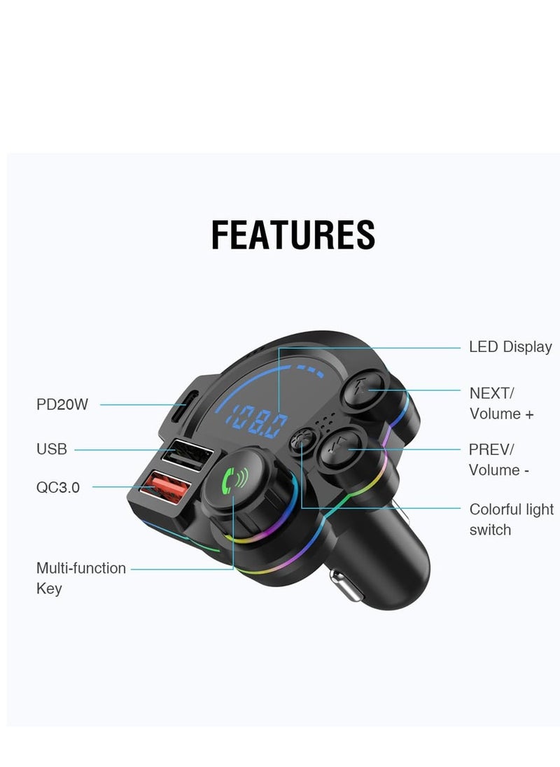 Excefore - Bluetooth 5.3 FM Transmitter for Car, QC3.0 & PD20W Adapter, MP3 Player, Supports TF Card & USB Disk, Wireless Receiver, Hands-Free Calling, LED Display, Car Bluetooth Adapter - Image 1