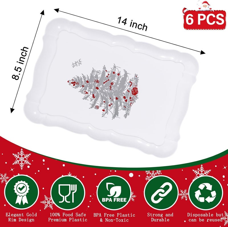 LUODA MirthMood 6Pack 15 x 10 Rectangular Plastic Food Platters with Silver Tree Design Reusable Christmas Cookie  Party Trays for Snacks and Candy - Image 2